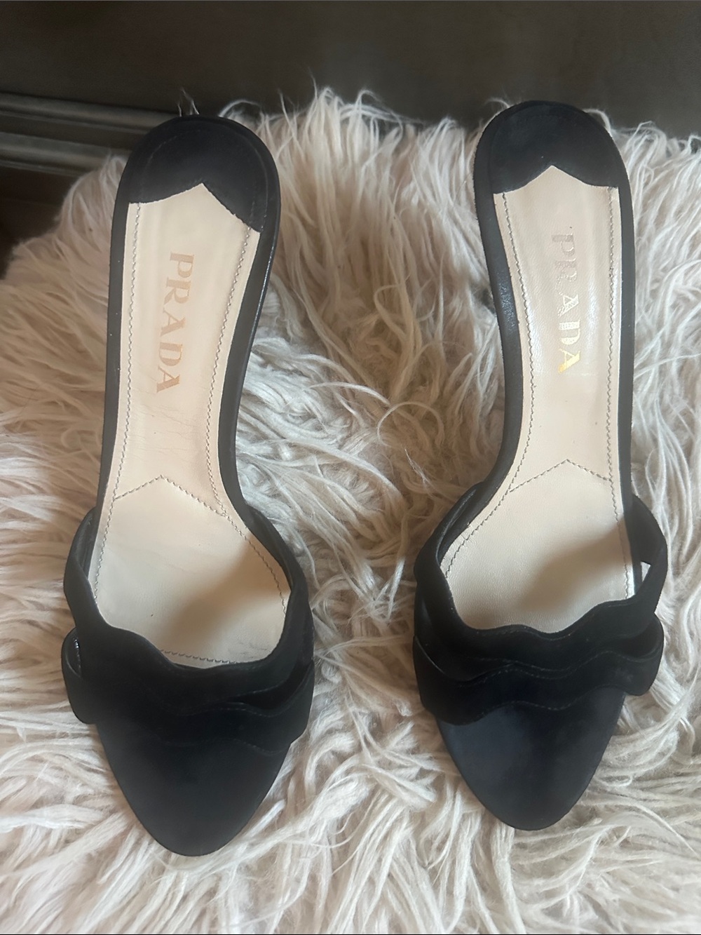 Prada Black Suede Scalloped Open-Toe Mules - Picture 2 of 7